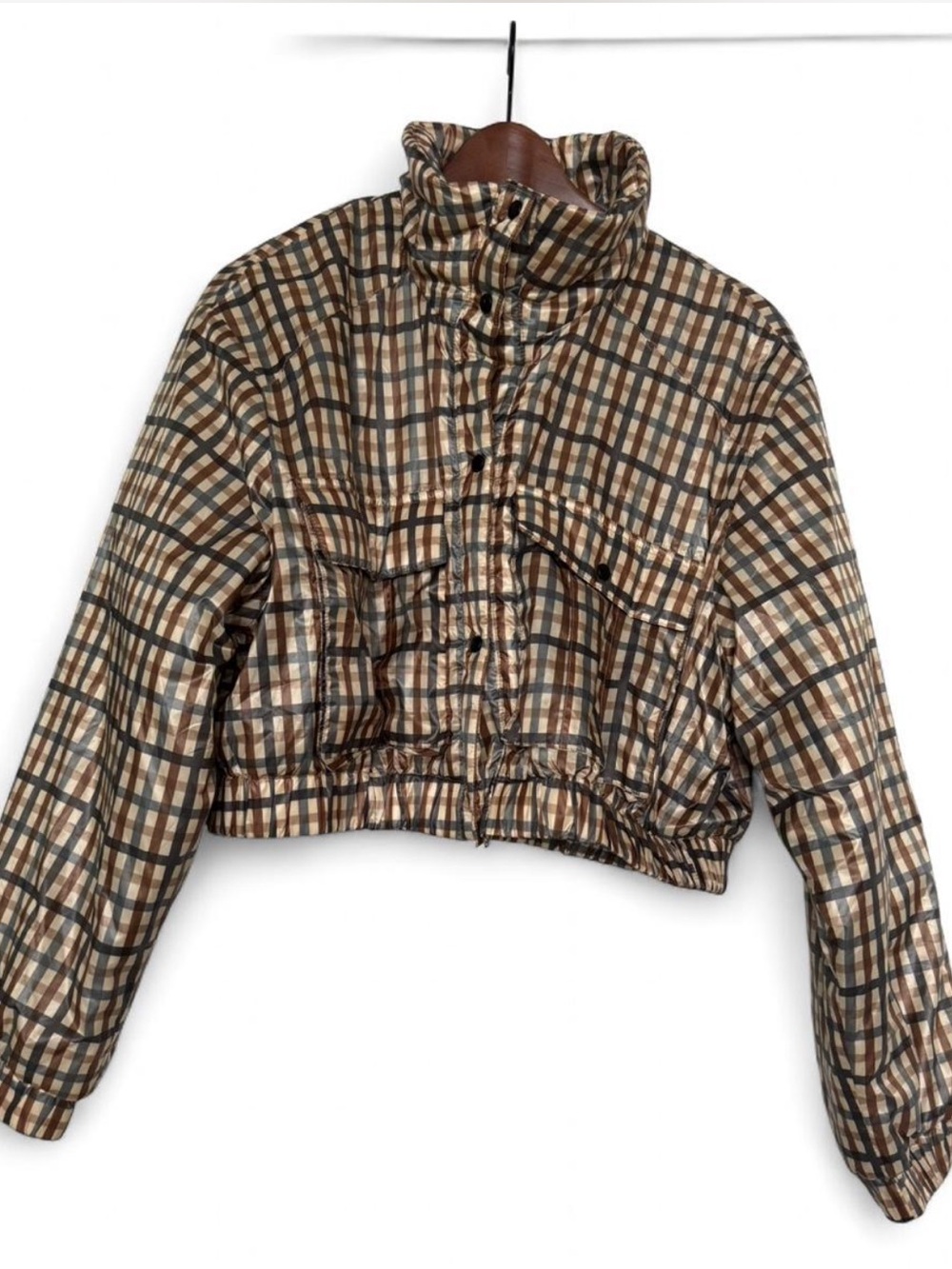 Zara Brown Plaid Cropped Puffer Jacket